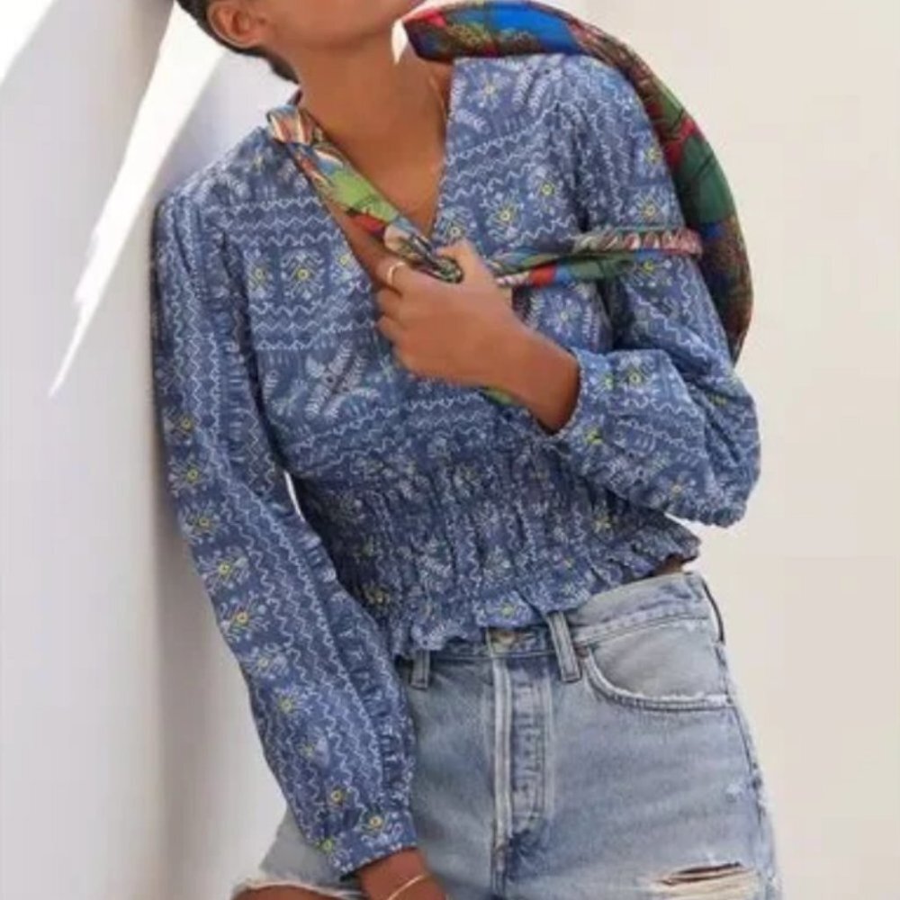 ANTHROPOLOGIE Forever That Girl Embroidered Smocked Boho Blouse XS